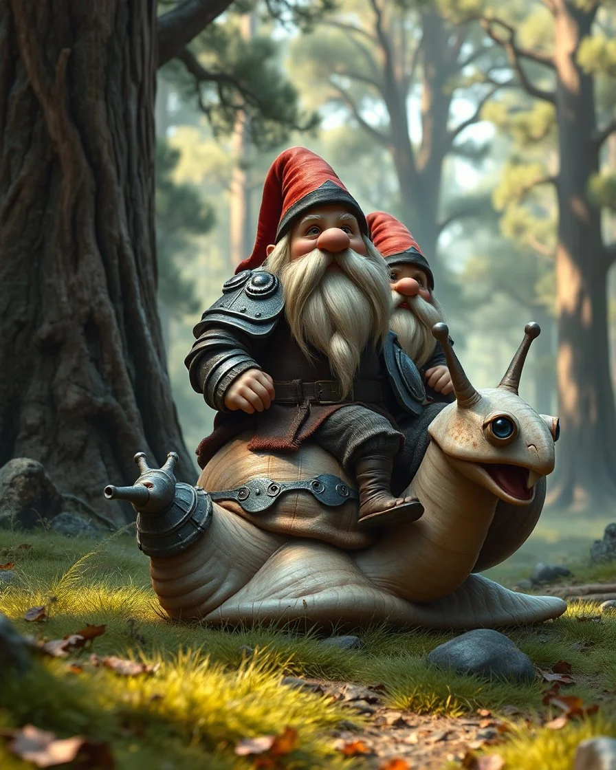 Cute Funny Fat Dwarves,wearing adorned armor,he on riding giant snail armored in beautiful forest giant trees oaks background