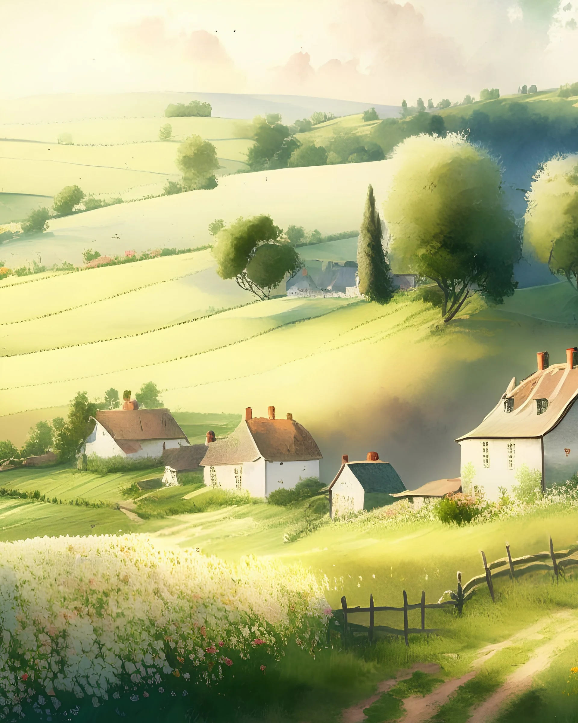 A picturesque countryside scene featuring rolling hills, quaint cottages, and blooming fields, in the style of watercolor painting,colorful, delicate brushwork, and atmospheric lighting, 12K resolution, inspired by the works of J.M.W. Turner and John Constable, evoking feelings of nostalgia and the simple beauty of rural life, hyperphotorealistic,8k, delicate detail, rainbow,