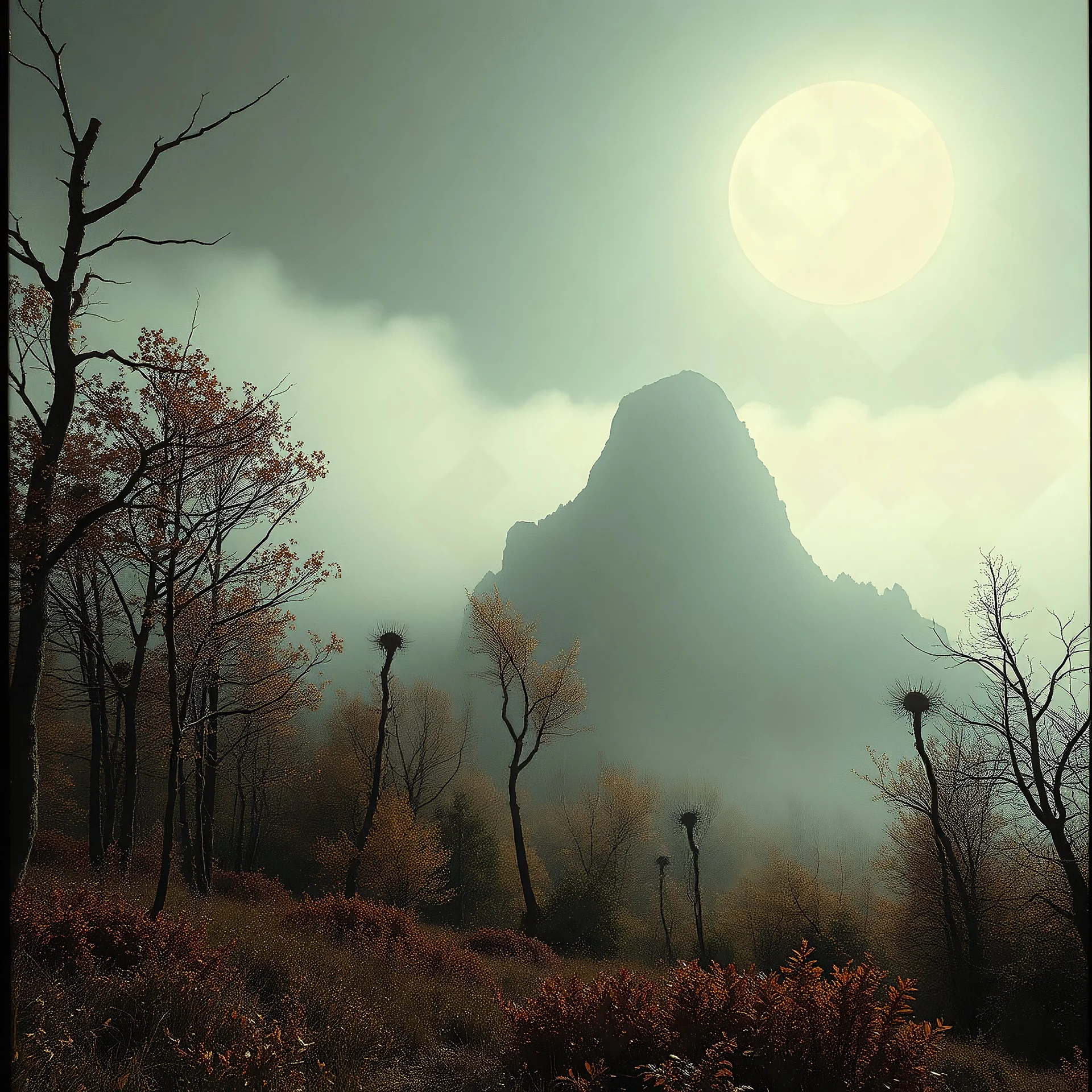 Close-up Ilford photograph of a creepy surreal landscape, eerie, no style, autumn vegetation, very surreal, trees, spooky, metaphysical objects, giant sun, intricate, thoughtful, appalling, mountain rocks, figures, deep 3d field, 8k, hypermaximalist, lot of fog