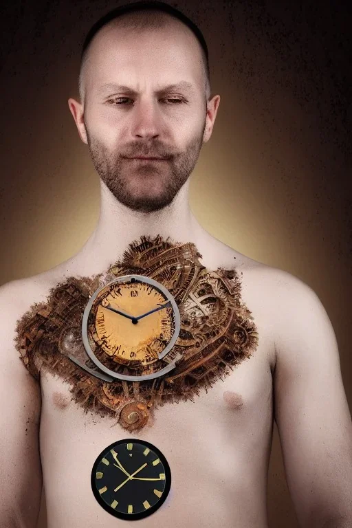 portrait, man with clock grafted into his chest AbstractTech