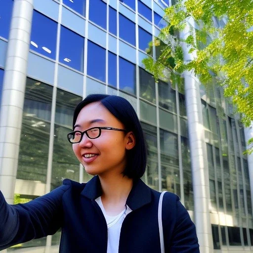 A short haired, bespectacled Asian female software engineer taking a selfie in front of Building 92 at Microsoft in Redmond, Washington