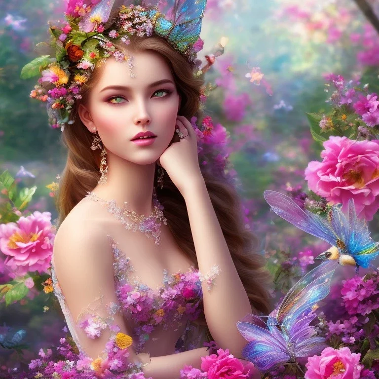 bright fairy, beautiful portrait, flowery landscape