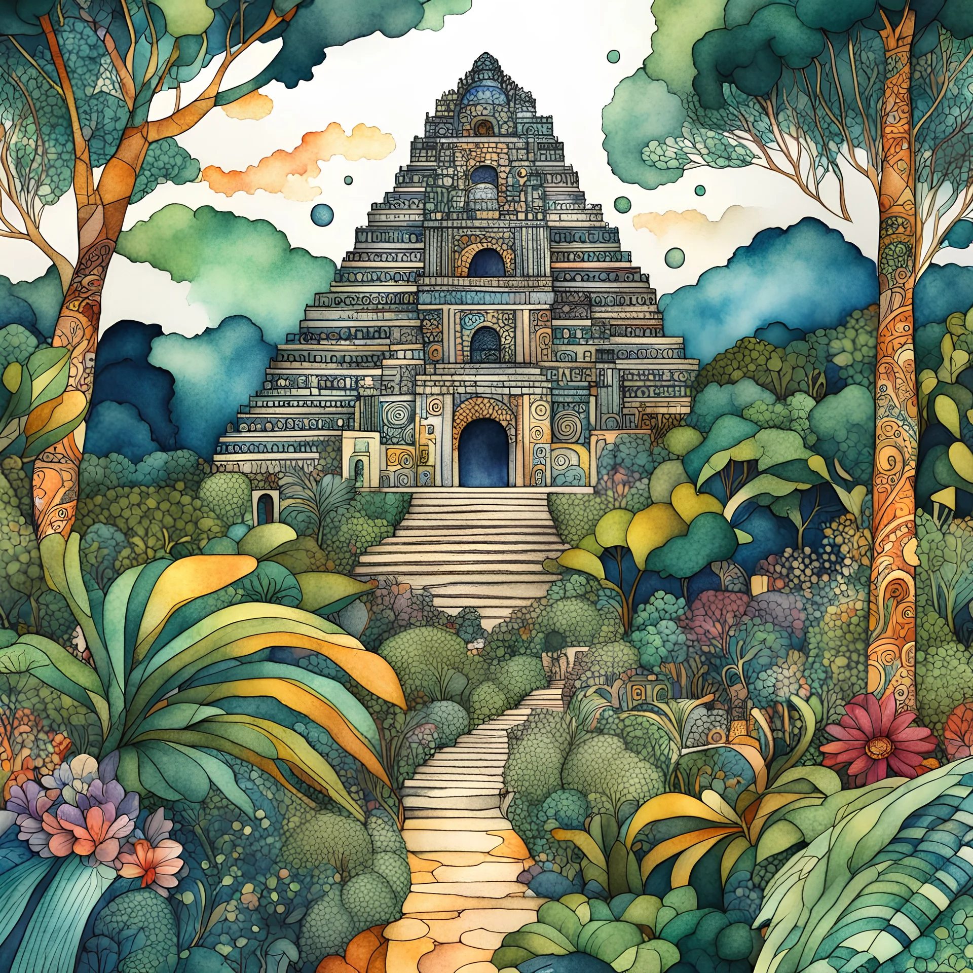 random watercolor Zentangle patterns in the styles of Gustav Klimt ,Wassily Kandinsky, Alphonse Mucha, and Kay Nielsen that depicts an ancient Mayan city buried in the lush overgrowth of the Yucatan jungle, with fine ink outlining