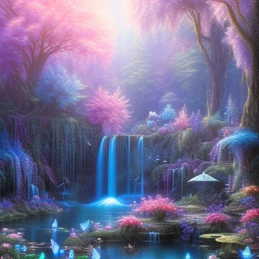 cascata, LAGO BLU, fate, farfalle, SWANN, fiori, alberi in fiore, cielo rosa blu, pieno di dettagli, sole liscio e luminoso ， atmosfera di luce soffusa, effetto luce ， vaporwave colorato, concept art, dettaglio liscio ed estremamente nitido, dettagli finemente sintonizzati, altissima definizione, 8 k, motore irreale 5, messa a fuoco ultra nitida