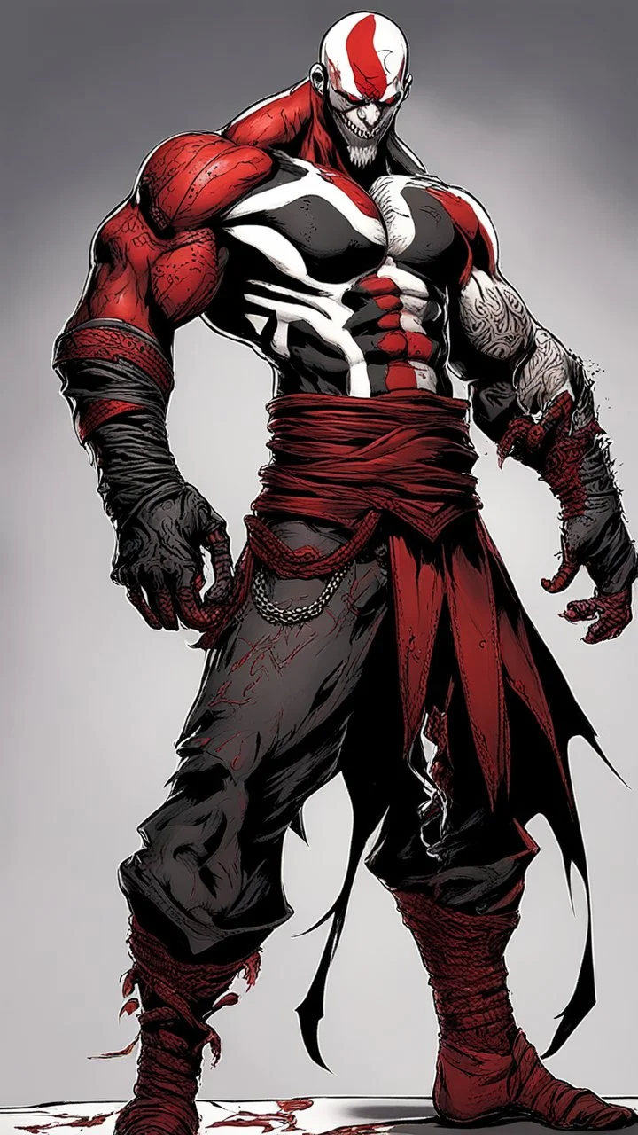 Kratos with body symbiote venom and Dressed kratos Clothes with red kratos tattoos and skin from symbiote and in holding blade of choice