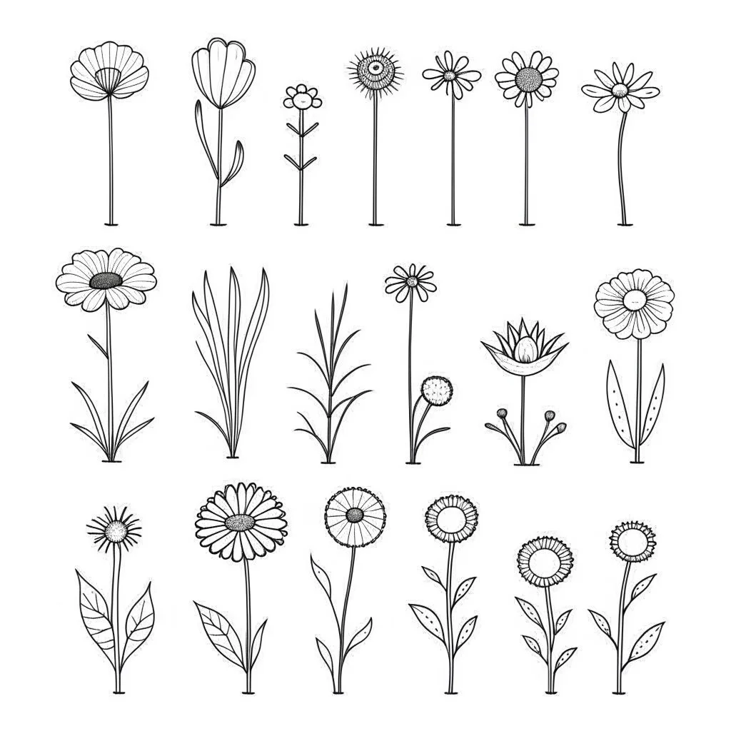 set of growing wind flower from tiny, SIMPLE ONE lineS art, white background, minimalis, different view, only white bakcground solid.