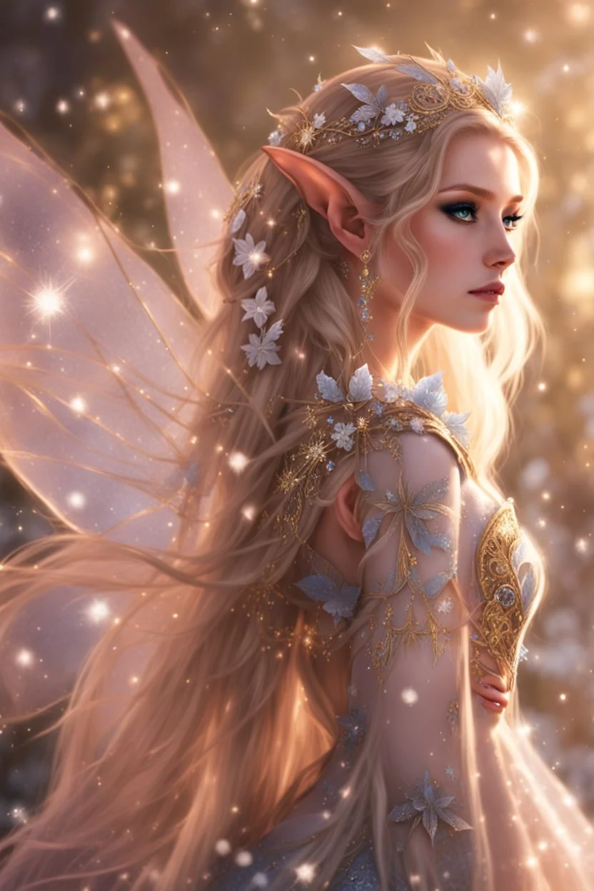 Elven princess,elven crown,long white blonde golden hair,rapunzel hair,ice flowers,beautiful,light blue,dark blue,golden armor,sparkle,glitter,ice flowers,snow,elven ears,dark fairy princess