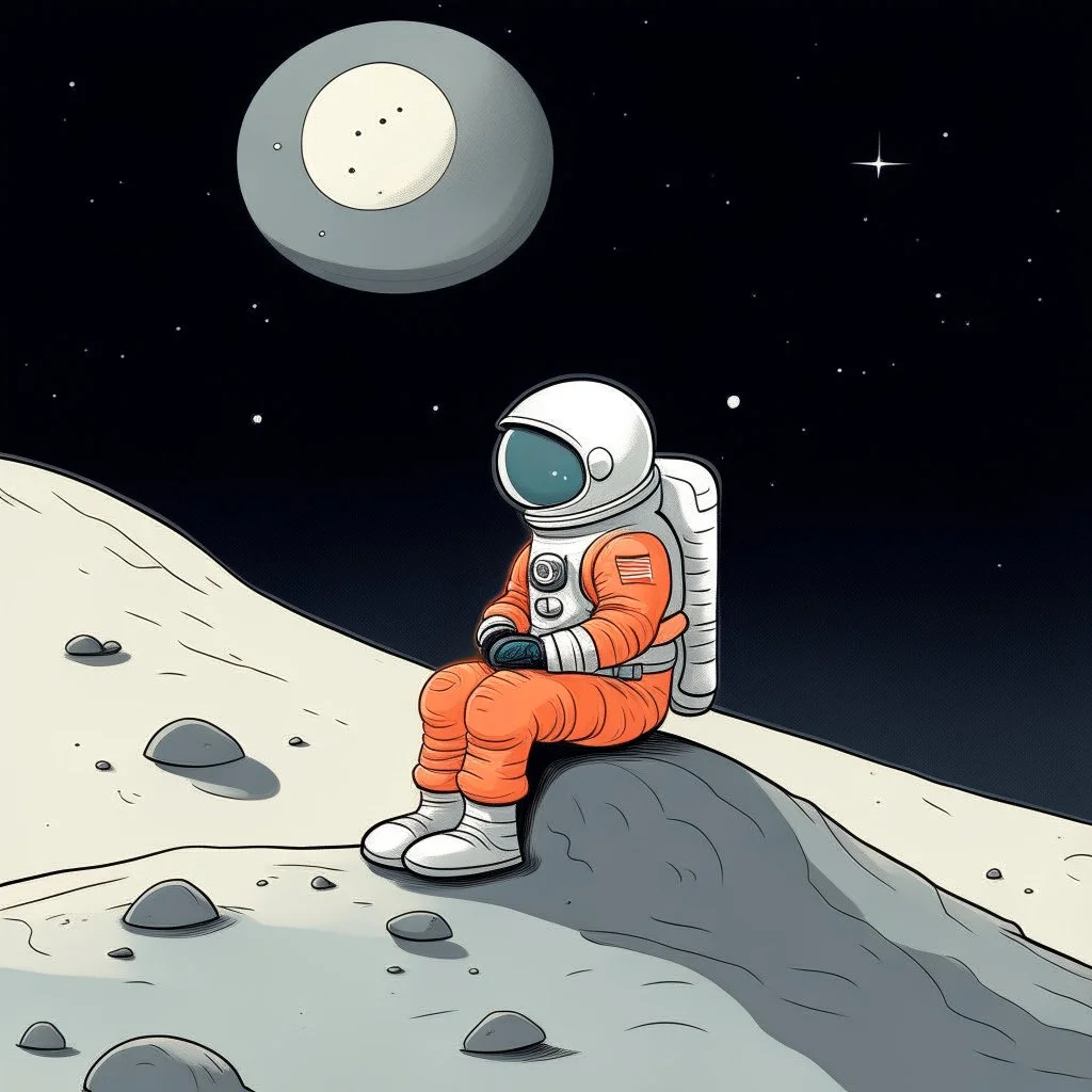 A whimsical digital illustration of a cartoonish astronaut, delicately rendered in soft pastel hues, sitting on a tiny, cratered moon, lost in thought as they stare out into the vast, starry expanse of empty space, their bright orange spacesuit a pop of color against the muted, celestial backdrop, with subtle texture and gentle shading adding depth to the minimalist composition, evoking a sense of wonder and contemplation, as if pondering the mysteries of the cosmos, amidst the eerie silence of