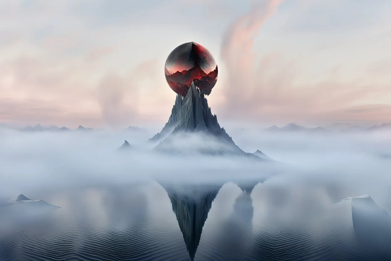 a broken orb is split open and affixed, and deeply impaled upon the lone mountain, bleeding down. Imagine a pin entering into a soft flesh, the way this mountain's peak pierces into the orb. The background contains no mountains, only sky