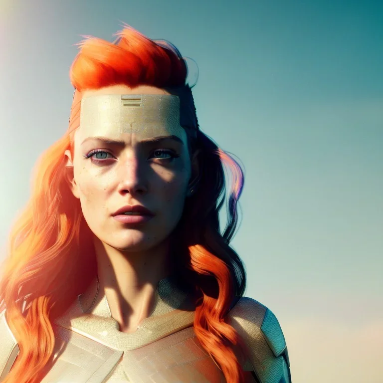 A beautiful portrait of a cyberpunk woman with lot's of grain on her skin red head with hair flying in the wind cyborg smiling facing camera orange color scheme, high key lighting, volumetric light high details with white stripes and feathers unreal 5, octane render, cinema4d, dynamic lighting, dramatic lighting, 4k, redshift render, highly detailed, hyper realistic