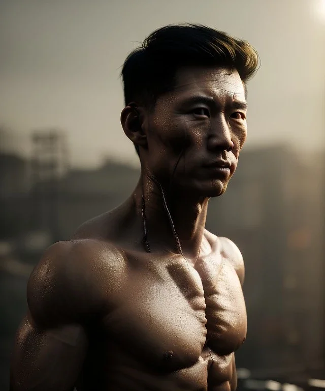 Ultra realistic photographic night portrait, cinematic, naked, young, Asian, all shaved <strong man> <hanging wires> many wires connected to the head <perfect pupil> <cyborg> <garage> <long shot view> <sci-fi futuristic> <thriller>, fog, soft color, highly detailed, unreal engine 5, ray tracing, RTX, lumen lighting, ultra detail, volumetric lighting, high definition.