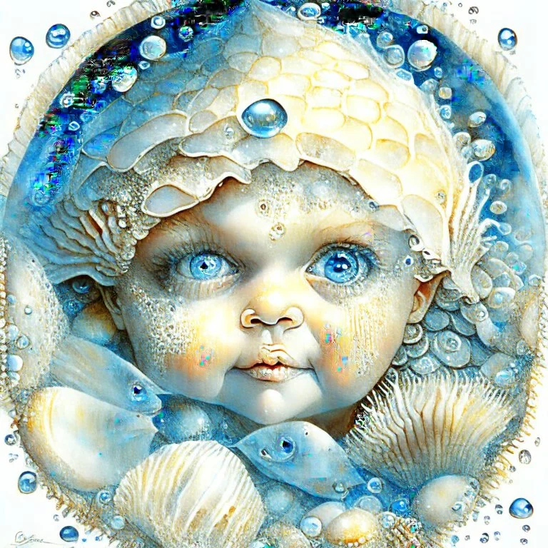 Beautiful happy seashell child with intense blue eyes, fish scales, fantasy, portrait, seafruits, starfish, shells, net, bubbles,.Jean-Baptiste Monge style, 3D, optical illusion, surreal, a masterpiece, razor-sharp focus, dynamic lighting, watercolour and ink no text, no watermark Modifiers: beautiful high detail fantastic view close up colourful