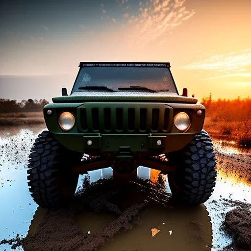 hyperrealistic shot, muddy aggressive military toy truck, monotone color palette, sharp focus, puddle reflection, tire water splash, refraction, mist on the horizon, sunset, rocks background, detailed and intricate, cinematic composition, micro, tilt shift photography