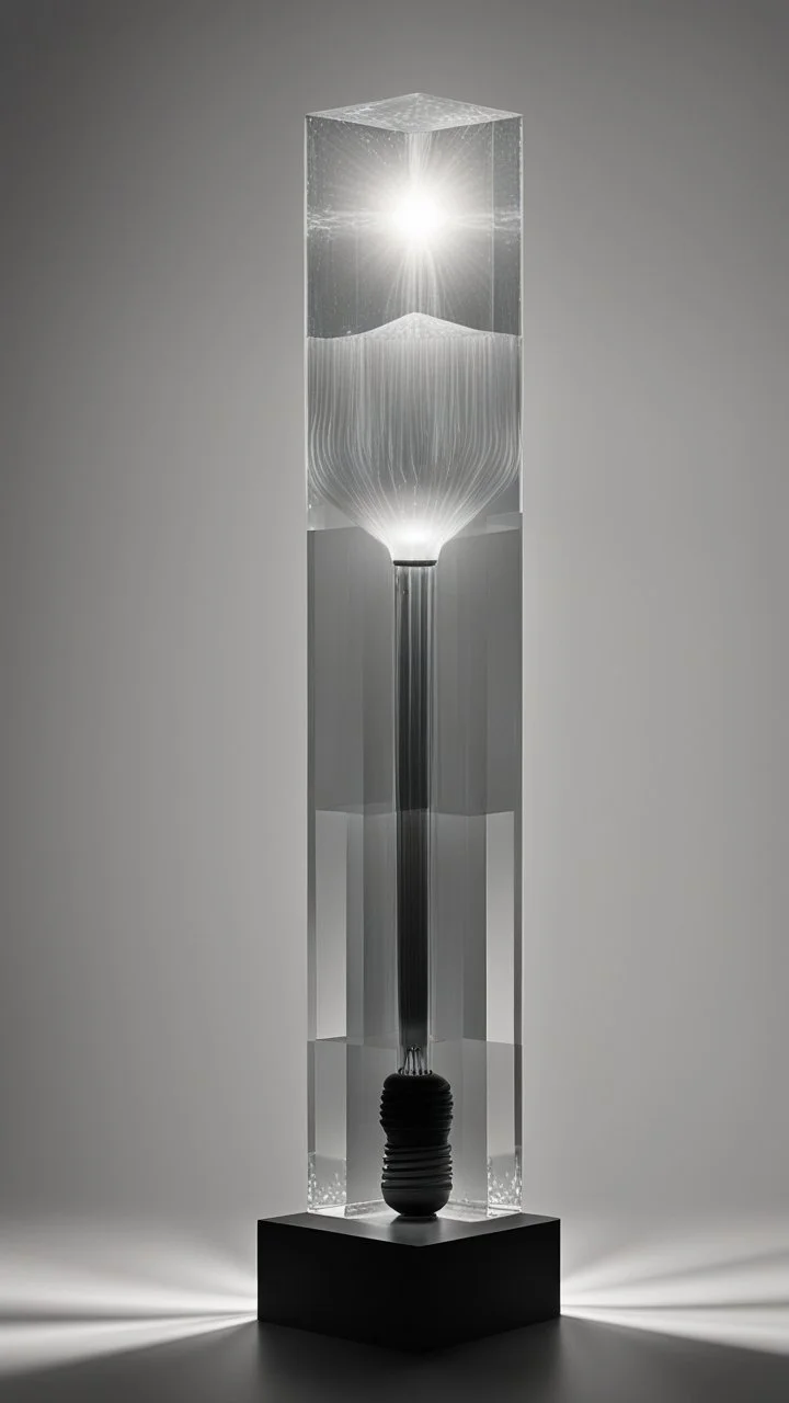 portrait of a square pillar with a bulb in the foot, and mirrors reflecting light up into a square crystal block head at the top