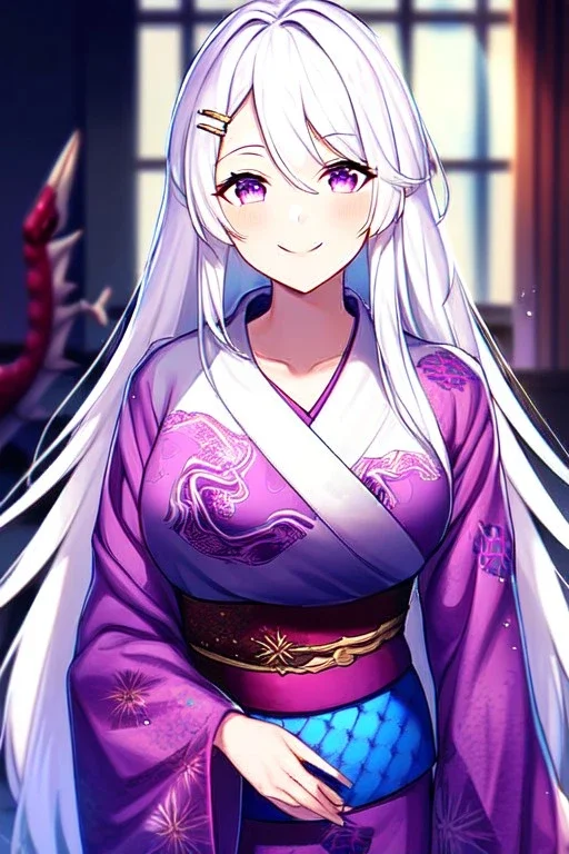 girl, masterpiece, best quality, cinematic lighting, detailed outfit, vibrant colors, perfect eyes, white hair, purple eyes, long hair, dragon pattern kimono, indoors, light rays, hairclip, smile,