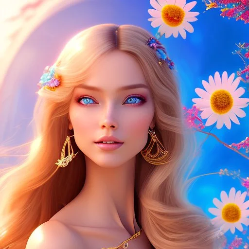 Beautyful smiling young woman, long hair amazing blue eyes, flowers, happy cosmic, bright colors, blue, pink, gold, jewels, realistic, photo real, clear sunny background, highly detailed, high contrast, 8k high definition, unreal engine 5, extremely sharp detail, light effect, sunny light background