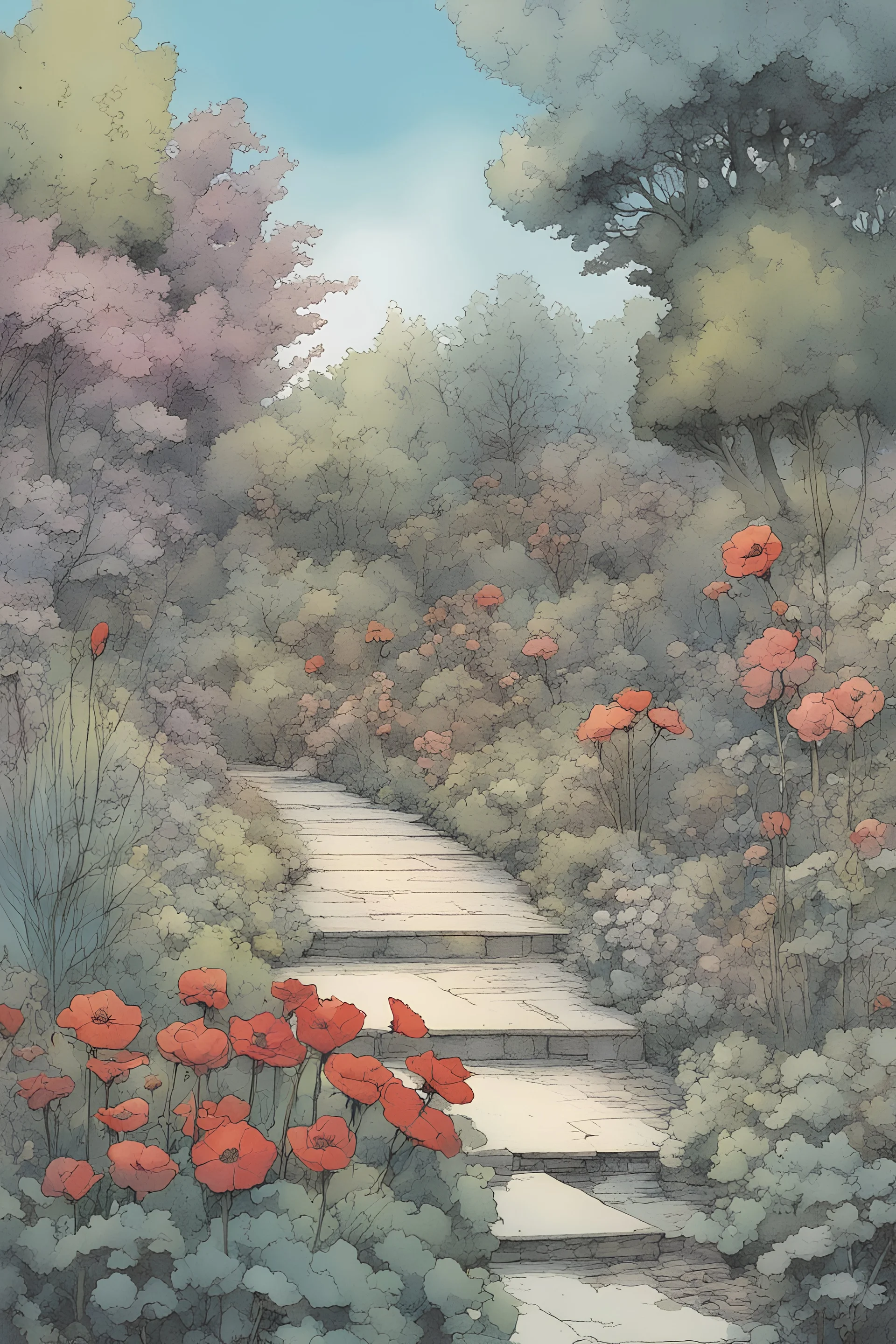 Flower garden, create in inkwash and watercolor, in the comic book art style of Mike Mignola, Bill Sienkiewicz and Jean Giraud Moebius, highly detailed, gritty textures, dramatic natural lighting