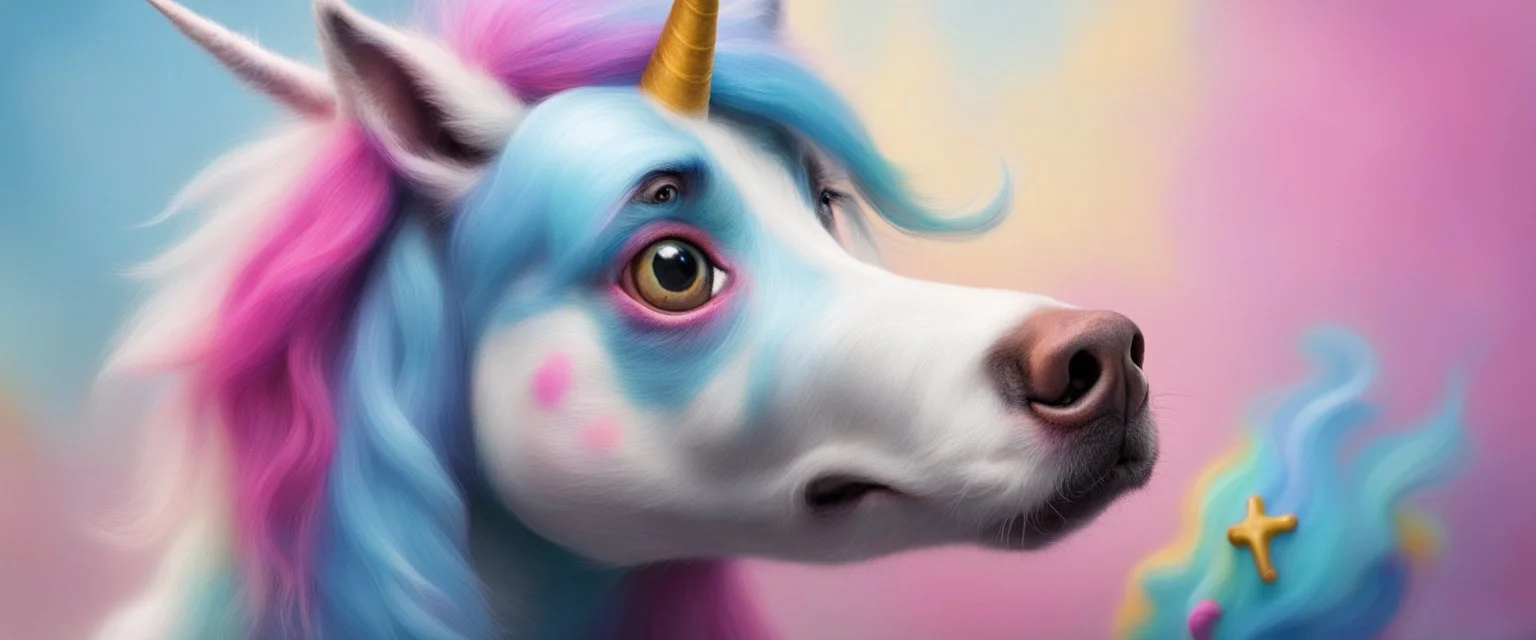 badly painted super dog vs unicorn looking confused in close up