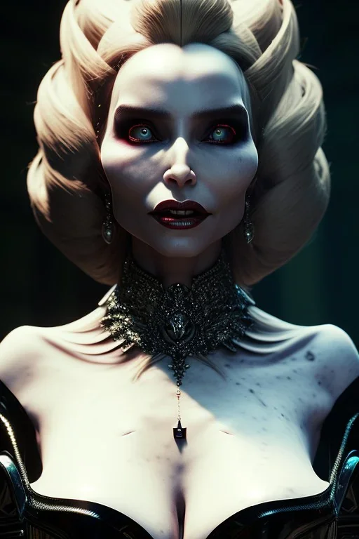 Constance Langdon as evil queen in black leather, leather, busty, cleavage, angry, stern look. character design by cory loftis, fenghua zhong, ryohei hase, ismail inceoglu and ruan jia. unreal engine 5, artistic lighting, highly detailed, photorealistic, fantasy