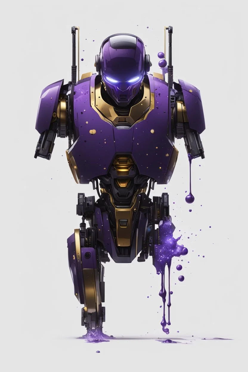 Human Like Cyborg, Royal purple and Gold, Combat Robot, Dangerous, Strong, Destroyed, Inside a Vat of Liquid