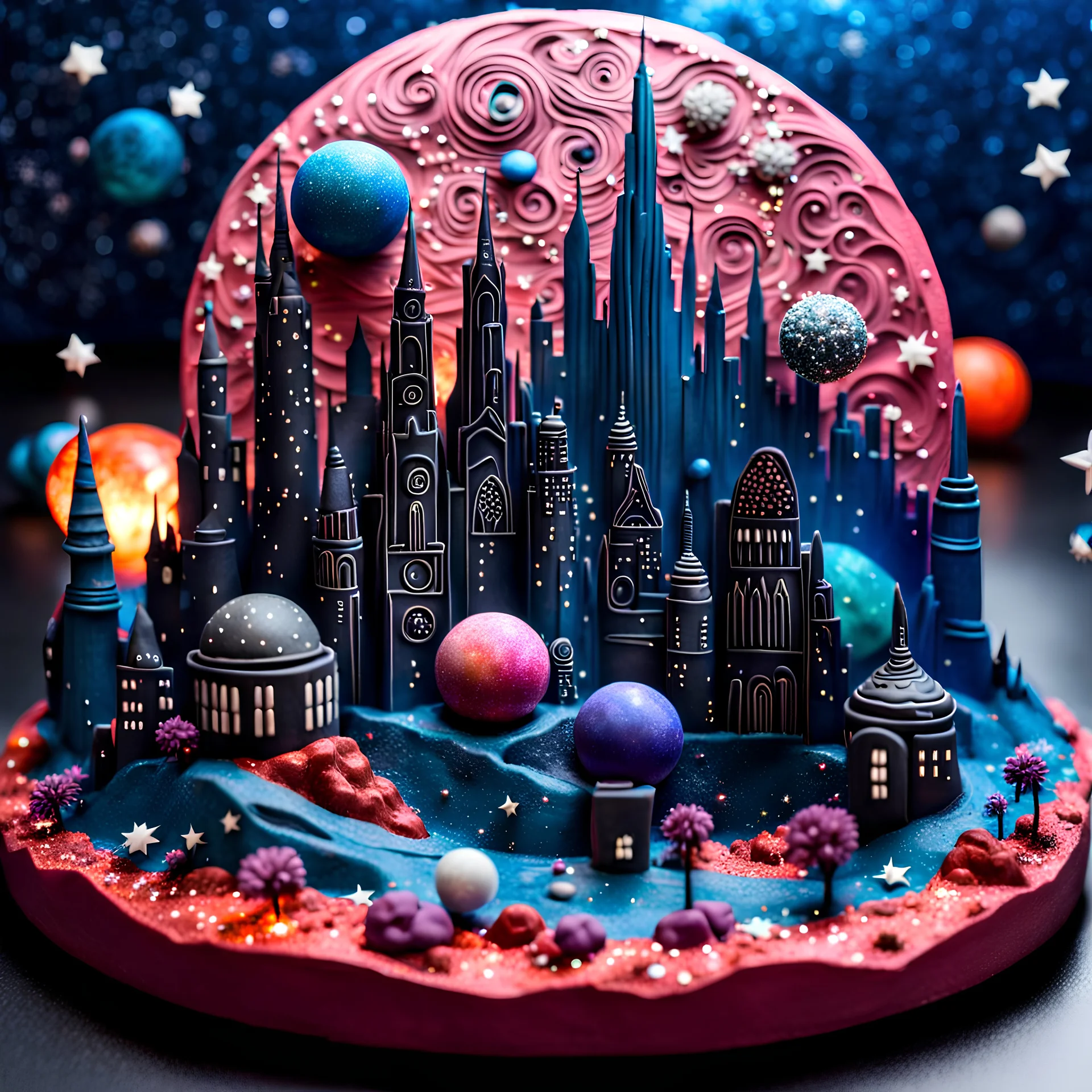 Detailed scifi city skyline made of modeling clay, naïve, stars and planets, splimapys, sun, splops, volumetric light flowers, naïve, Tim Burton, strong texture, xuuf7v, orero dream, extreme detail, 2.8, Max Ernst, decal, rich moody colors, sparkles, Harry Potter, bokeh, odd