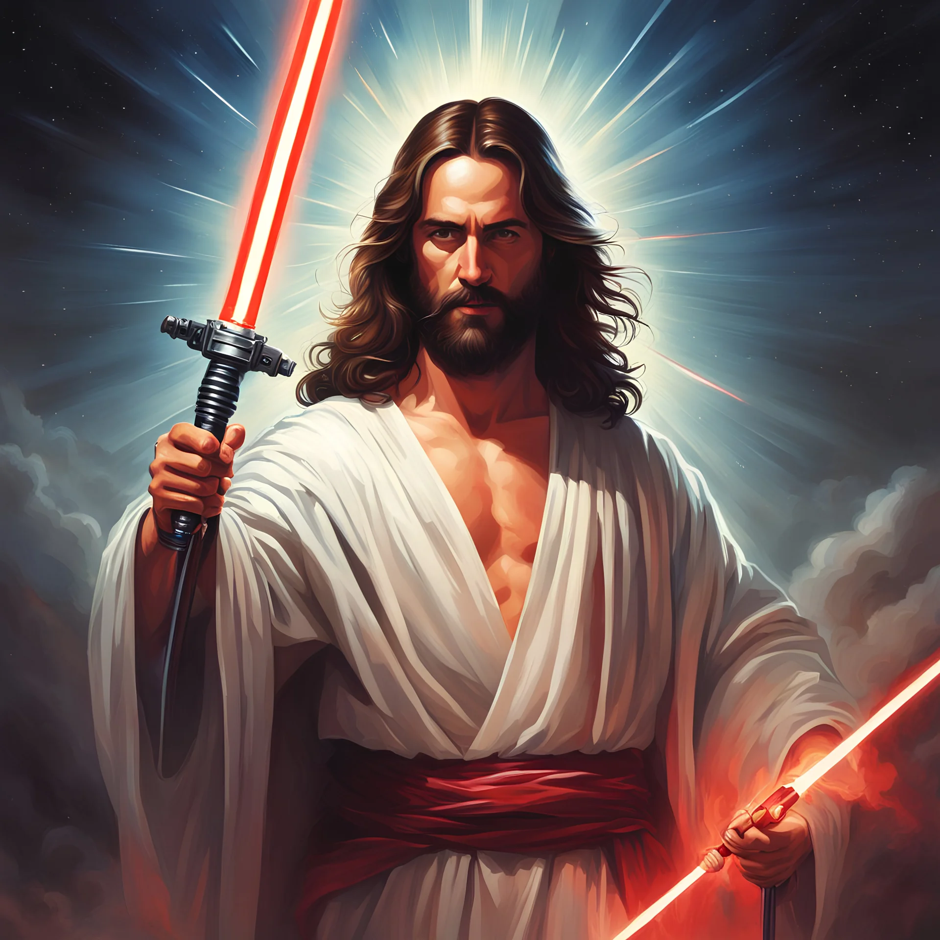 Jesus with a lightsaber opening the belly of the devil