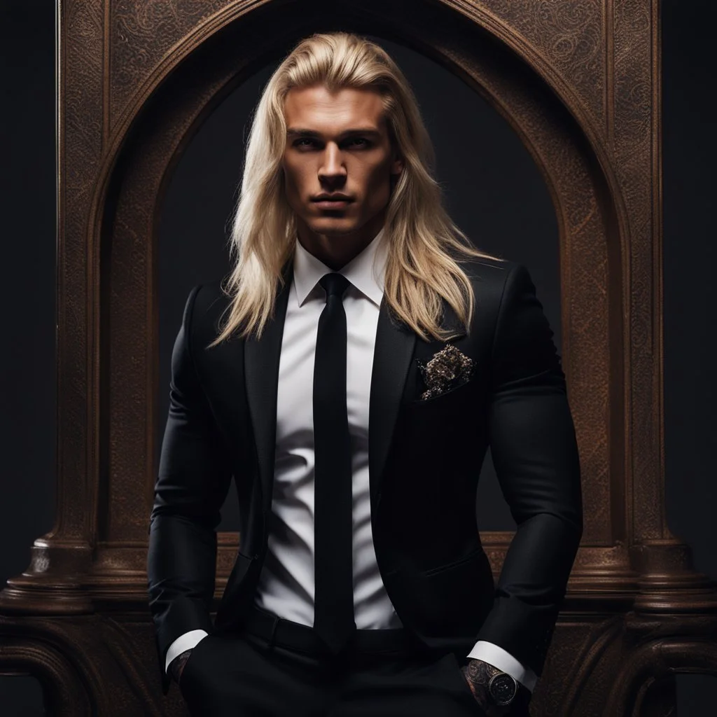 stunningly handsome male aged 25, muscular, long blonde hair, wearing a dark suit, tan skin, tattoos,4k, modern fantasy