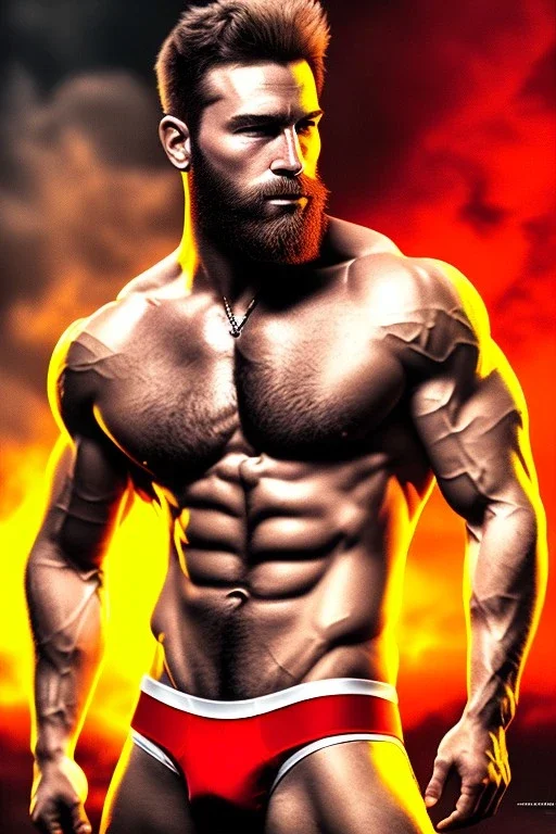 Ignore NSFW, teenager young rugged attractive slightly muscular fantastic handsome man, red briefs with yellow belt, hairy chest, (((visibly pisssing))) briefs, large erect visible boner peniss, photorealistic, artist Jay Anacleto, soft lighting, scruffy beard