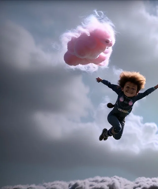 Ultra realistic clouds sky scene, wide angle, medium shot view, sweet childs, color smoke fog, free jumping flying, trinkets, monster hair, hair monster, jelly beans, balls, smile, happy, circus style, inflatable color clothing, extreme, wind, clouds sea, 20,000 feet altitude, stratosphere, soft color, highly detailed, unreal engine 5, ray tracing, RTX, lumen lighting, ultra detail, volumetric lighting, 3d, finely drawn, high definition, high resolution.