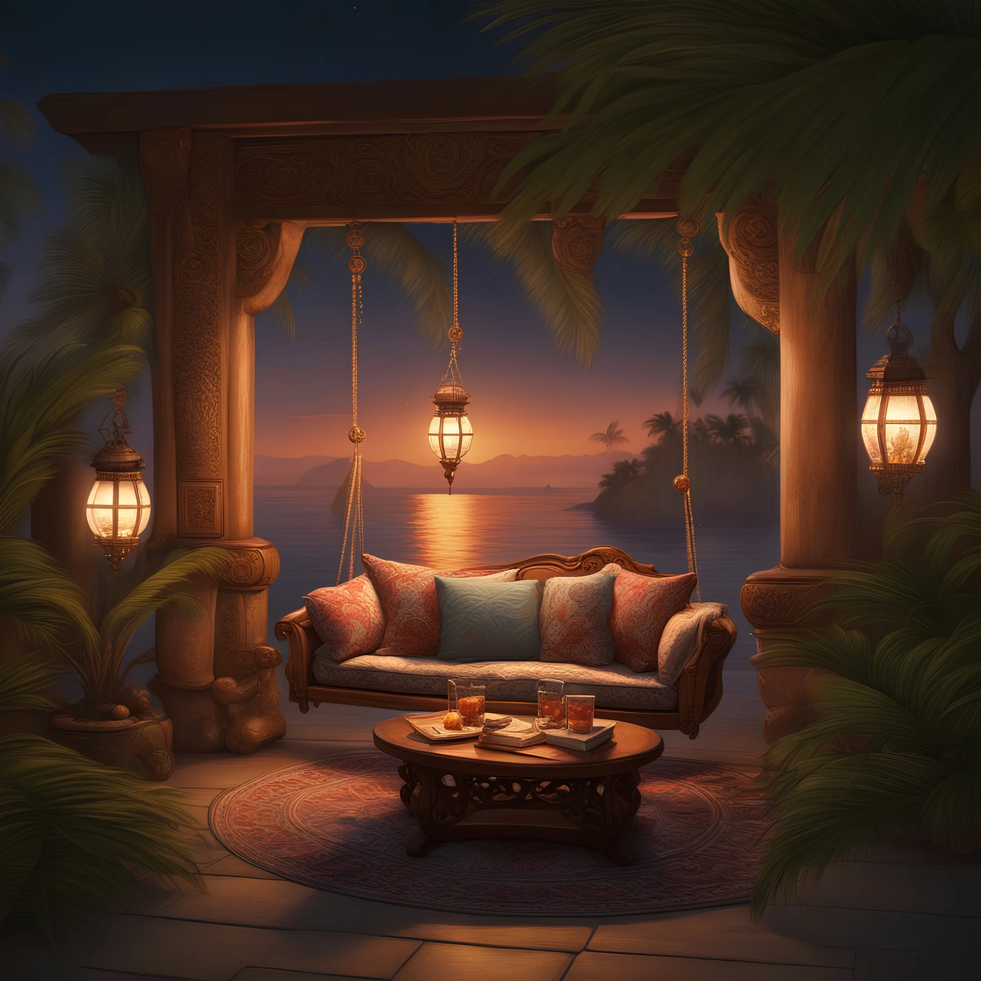 A bohemian-inspired patio with vibrant tapestries, intricately carved wooden furniture, and a hanging couch swing highlighted by soft lantern light, placed under a starry sky. The tranquil seascape background, flanked by rustling palm trees, evokes the artistic essence of Evgeny Lushpin. The nocturnal atmosphere intensifies the magical allure of this image, beckoning observers to immerse themselves in its ethereal beauty.