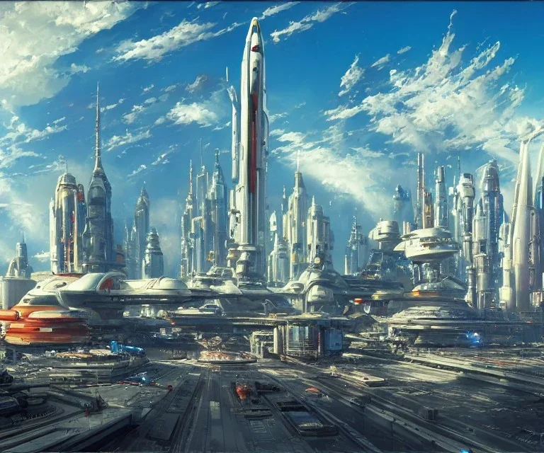 Spaceport on a heavy industrialized planet with a vibrant city in the background and a docked spaceship in the foreground, art by John Berkey, blue sky with clouds, buildings with glass facades, Brutalist architecture, insanely detailed, vibrant, 8k uhd, cinematic atmosphere, ultra-wide angle, street level view, brush strokes, sharp focus