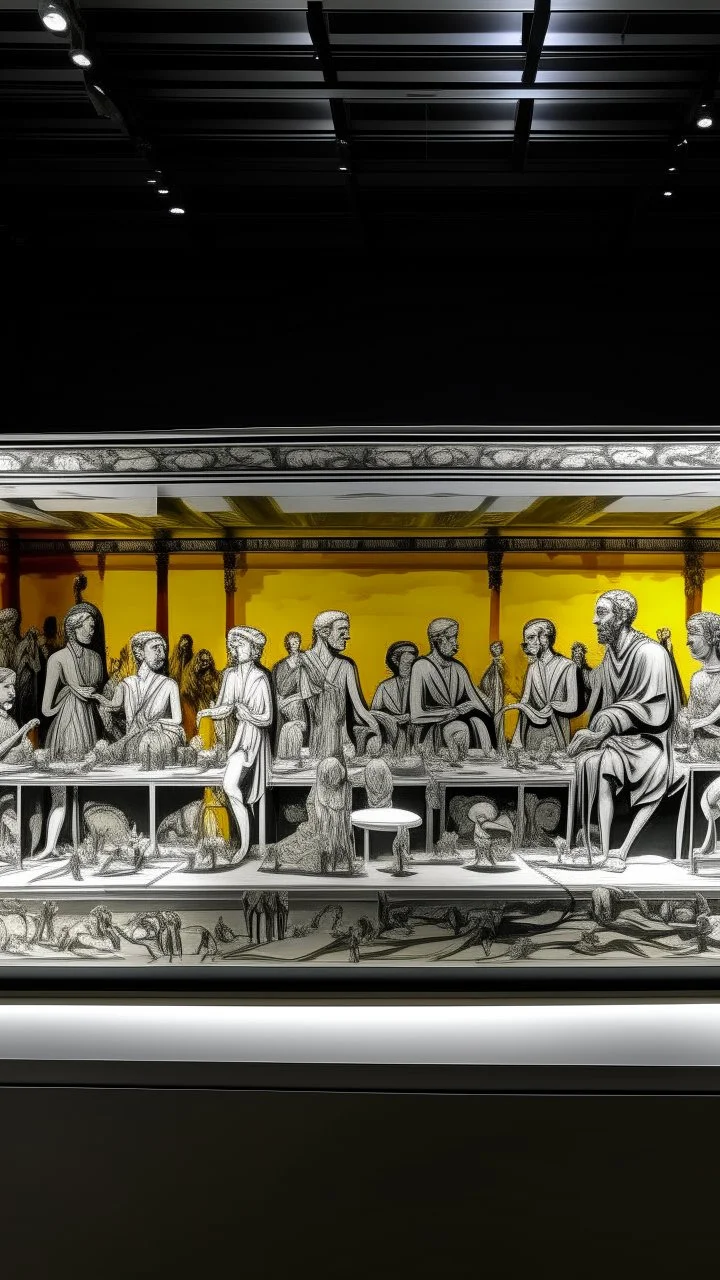 A gray gala made out of glass with an orchestra designed in Bayeux tapestry painted by Andy Warhol