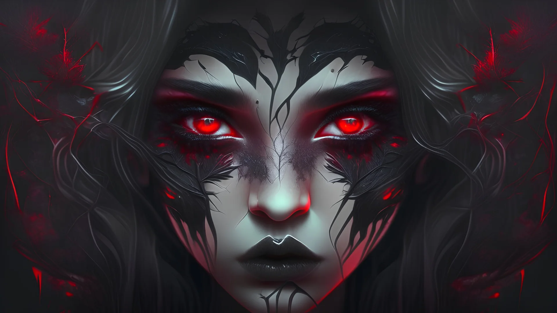 goth girl face, futuristic, cosmic, intricate, dark red eyes, ominous, nature, plants, hair open on her face