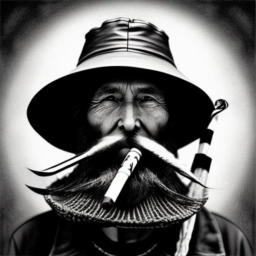 pencil Black and white Portrait of old fishermen sitting on a chair ,long beard, smoke coming out wooden tobacco pipe ,wearing a bucket hat, fantasy 8k by Van Gogh
