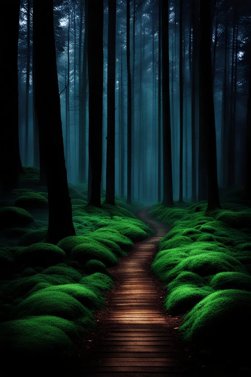 pathway leading into a Dark forest. fantasy