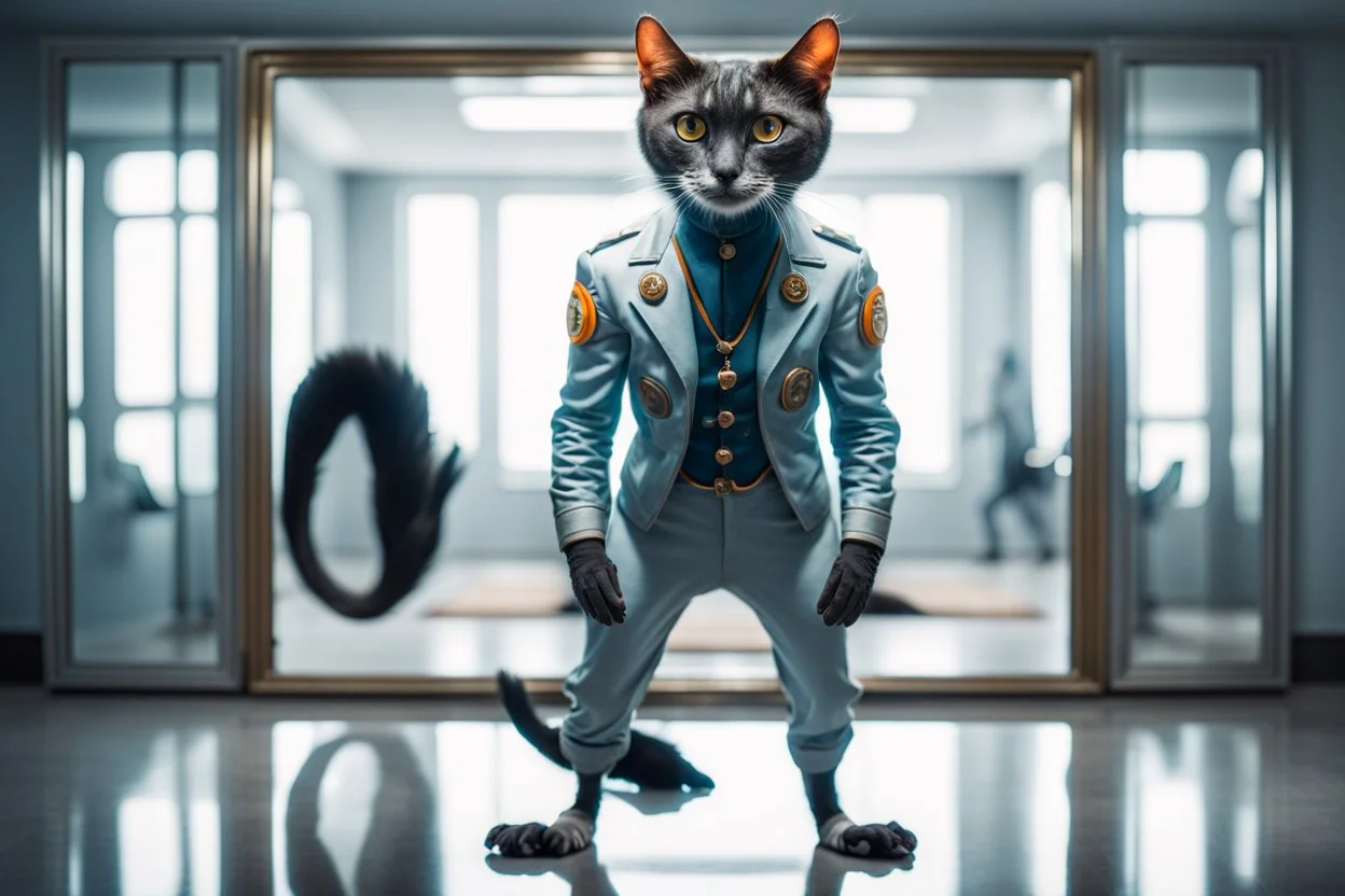 full body portrait of humanoid weasel shiny yoga cat crow air captain racer semi transparent hypnotic kind eyes in front of mirror