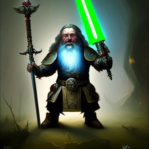 Warhammer style art, Dwarf lord with giant axe and light saber