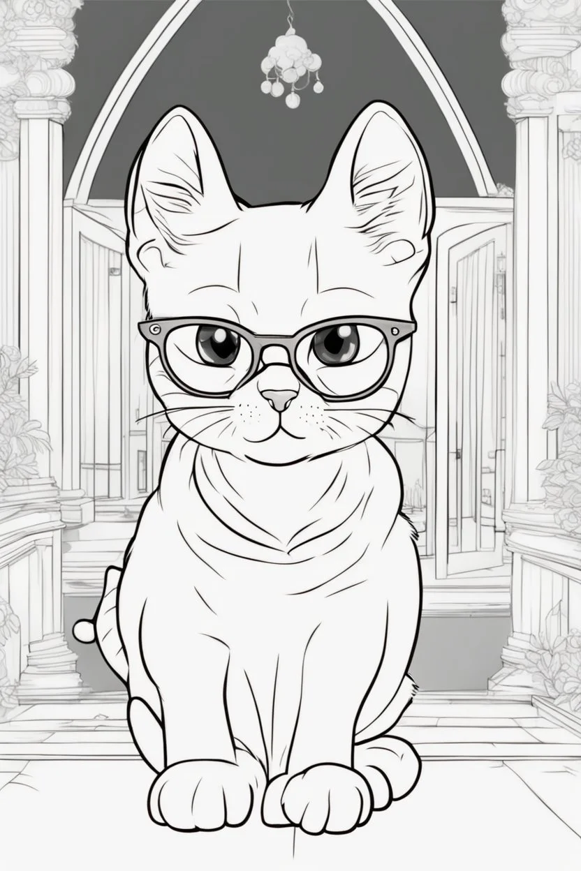 Outline art for cute coloring pages with cat with glasses, full body, white background, sketch style, only use outline, clean line art, no shadows and clear and well outlined.