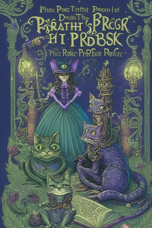 dark fantasy, intricate book cover showing Puss in Boots, the Frog King and a fairytale princess and the Pea, whimsical in the style of a Terry Pratchett Discworld cover