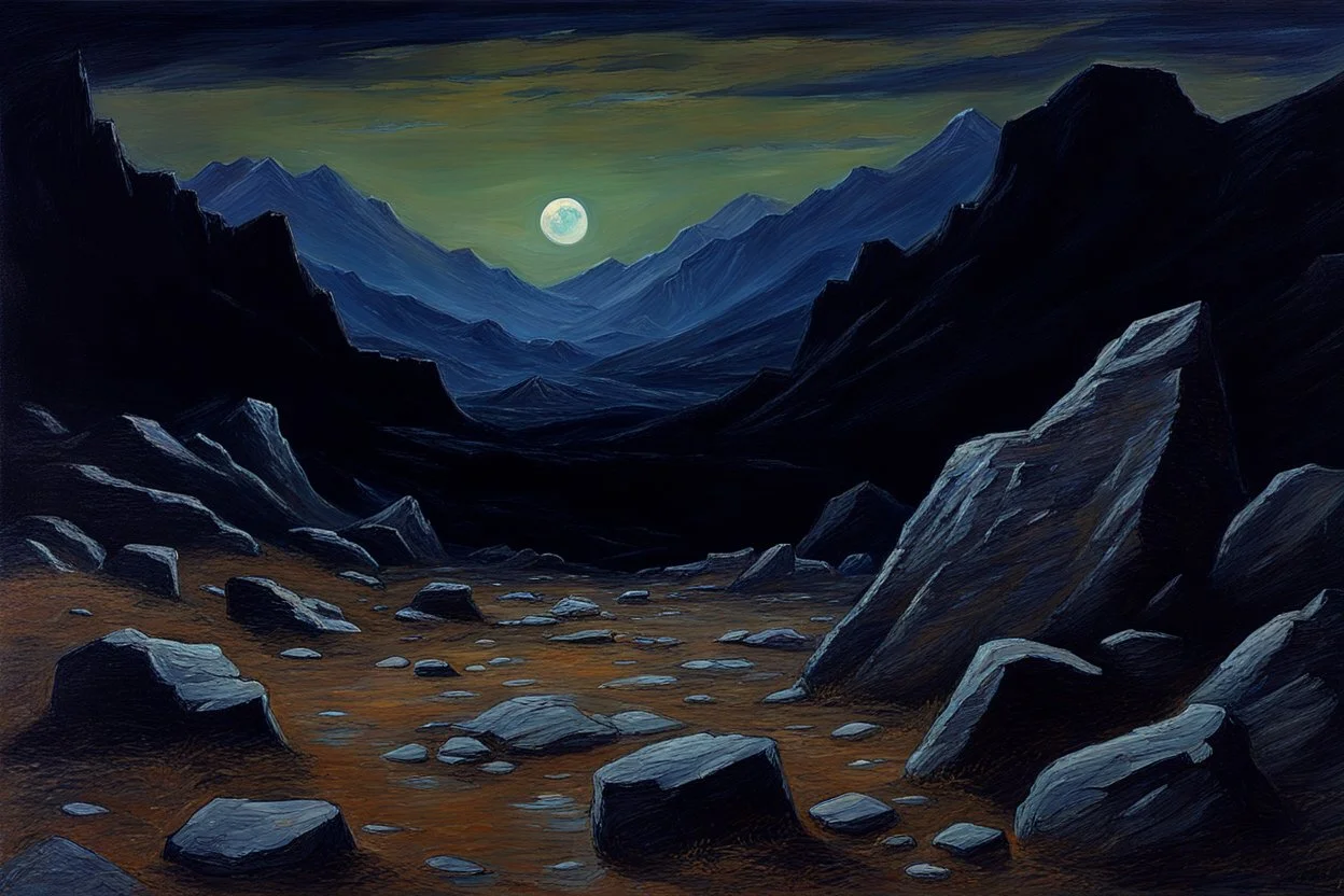 Rocks, night, mountains, 2000's sci-fi movies influence, ludwig dettman impressionism painting