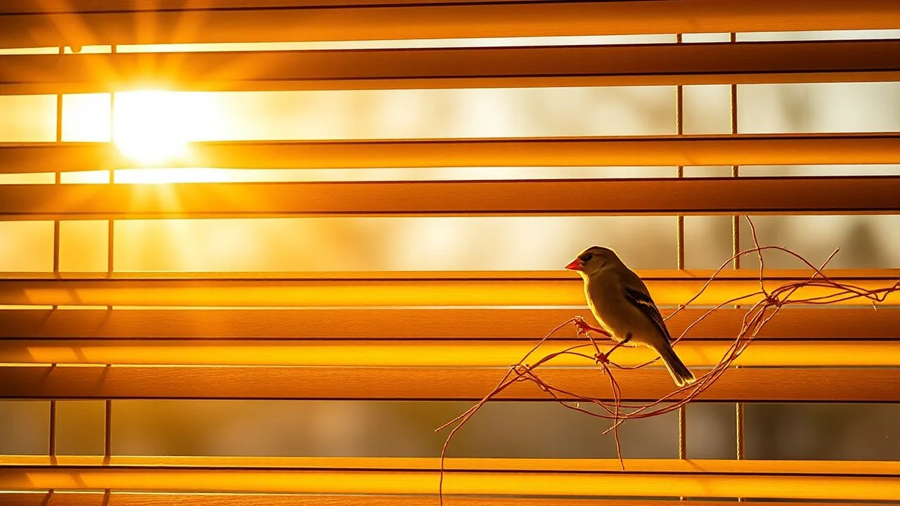 Image Title: "Whispers of Dawn" Capture the serendipitous moment when the morning sun's warm rays illuminate the blinds, transforming them into a golden snare that ensnares the beauty of a goldfinch. The photograph should evoke a sense of quiet wonder, as if the viewer has stumbled upon a hidden world where the boundaries between indoor and outdoor blur. Composition: Position the camera at a slight angle, looking up towards the blinds, which should occupy the top two-thirds of the frame. The