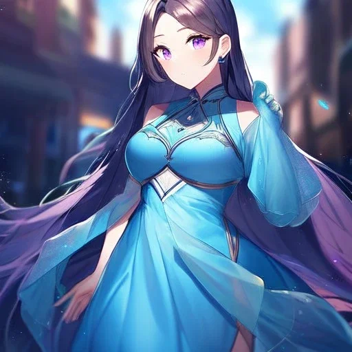 Clear focus,High resolution, Teal long hair, Purple eyes, Wearing a modern outfit, blurry background