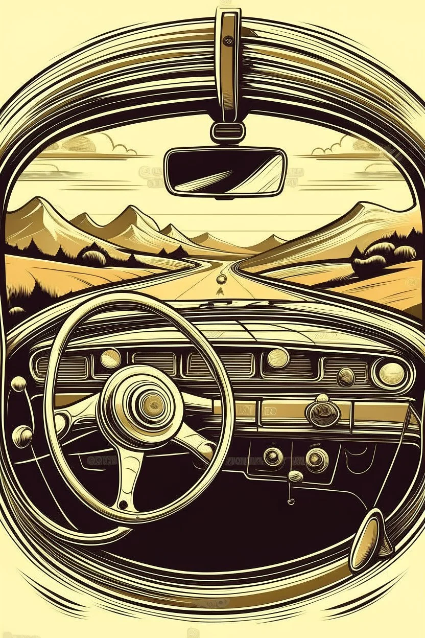 A vintage car phone with a curly cord, attached to the dashboard of a classic automobile. A scenic mountain highway stretches out in the background through the open window. Style: Retro travel, Mood: Adventurous, Lighting: Warm sunlight streaming through the window, T-shirt design graphic, vector, contour, white background.