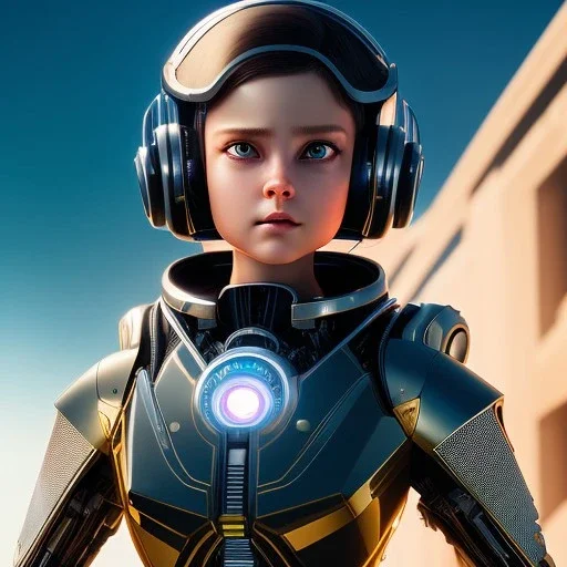 Extremely detailed and elaborate pixar style anamorphic cute cyborg girl with big eyes art by Ilya Kuvshinov with an intricate metal shield. Sci-fi futuristic fantasy realistic visually stunning deep colors colorful 4k 8k IMax CryEngine face tattoo,