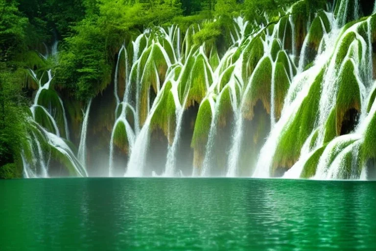 waterfall cascading into lake, nature documentary footage, plitvice, natural wonder, light from the left side of the scene