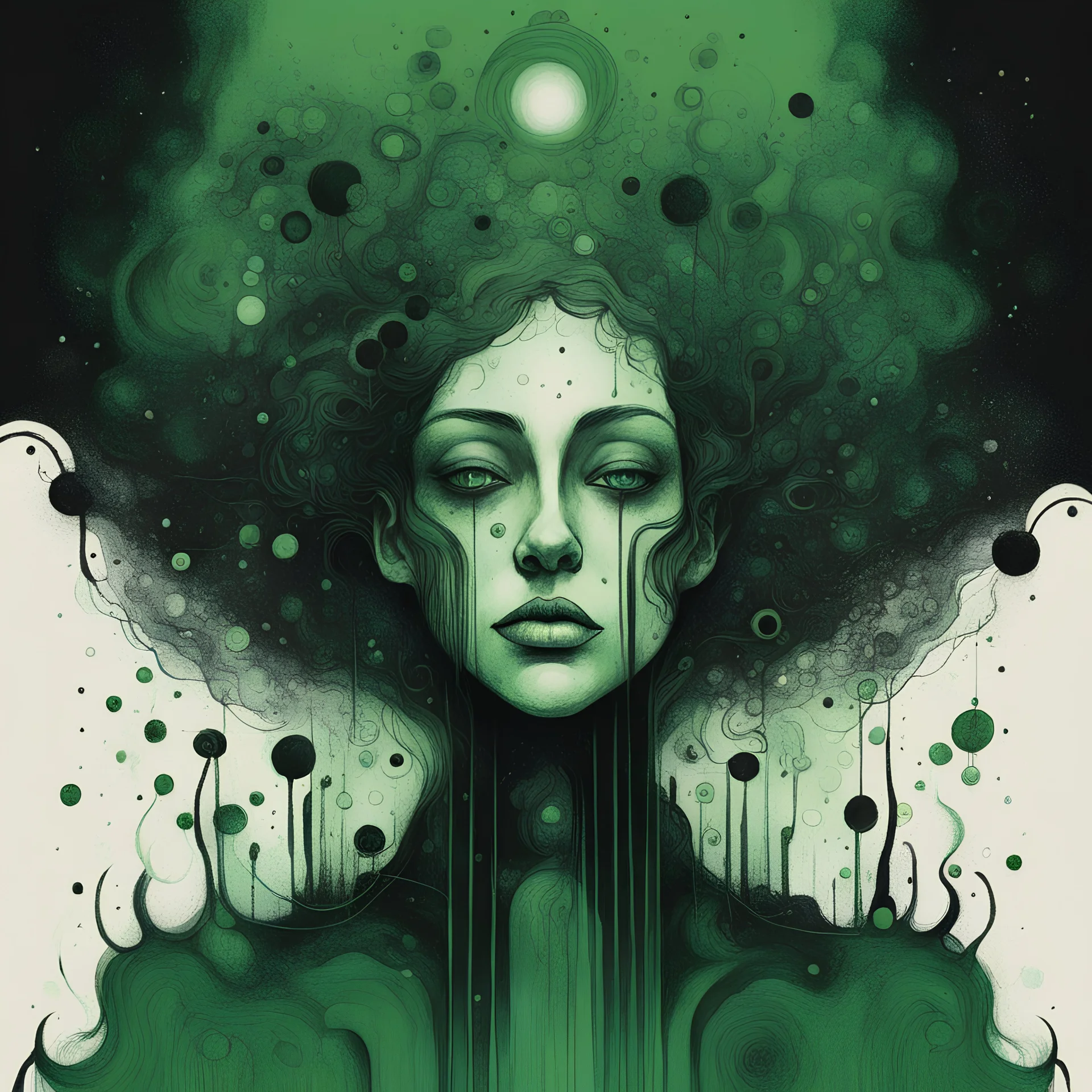 Negotiating dream frequencies, ink illustration, Green and black color scheme, unsettling