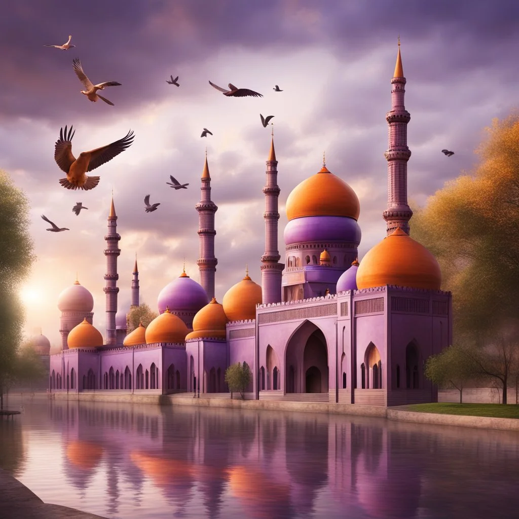 Hyper Realistic Orange & Purple Mosque with Brown Minarets riverside at beautiful cloudy weather with birds flying