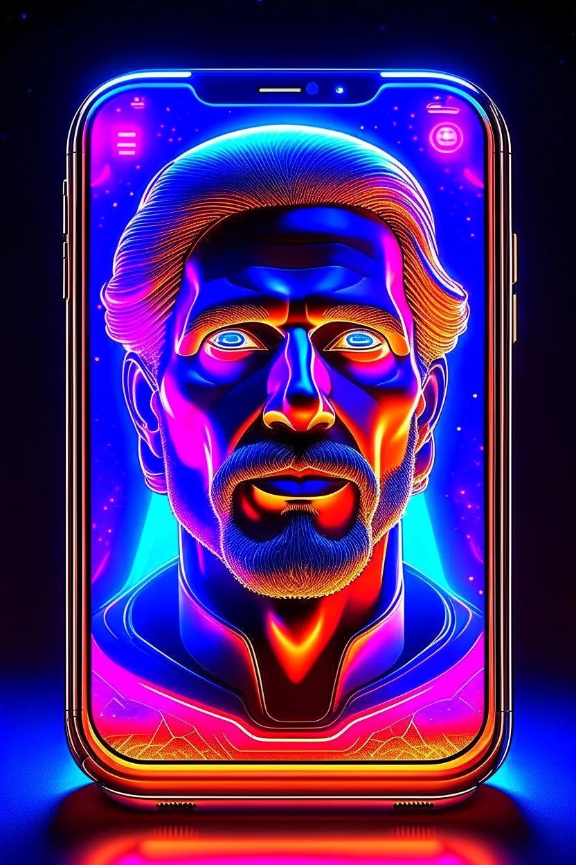 a 3d male face coming out of a realistic iphone 14 screen, inspired by Tim Hildebrandt, futuristic, glowing, sci-fi digital art illustration, stefan koidl inspired