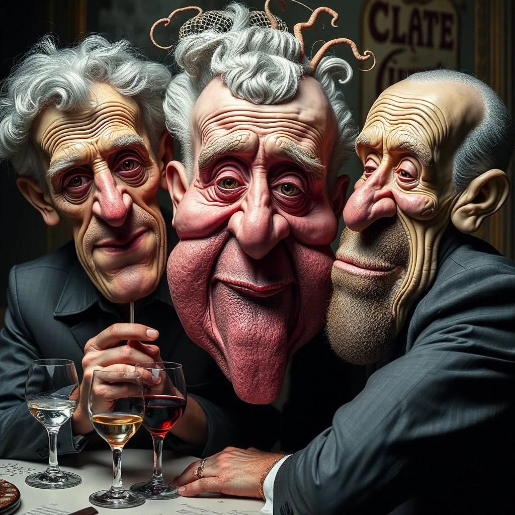 The oddest coagulation and mixture of friends, glossy finish, dine, details very accentuated, stunning style, oniric, Yves Tanguy, George Grosz, hyperphotography, hilarious, blatant, gross, caricature, very funny, Hasselblad h6d400c, obnoxious