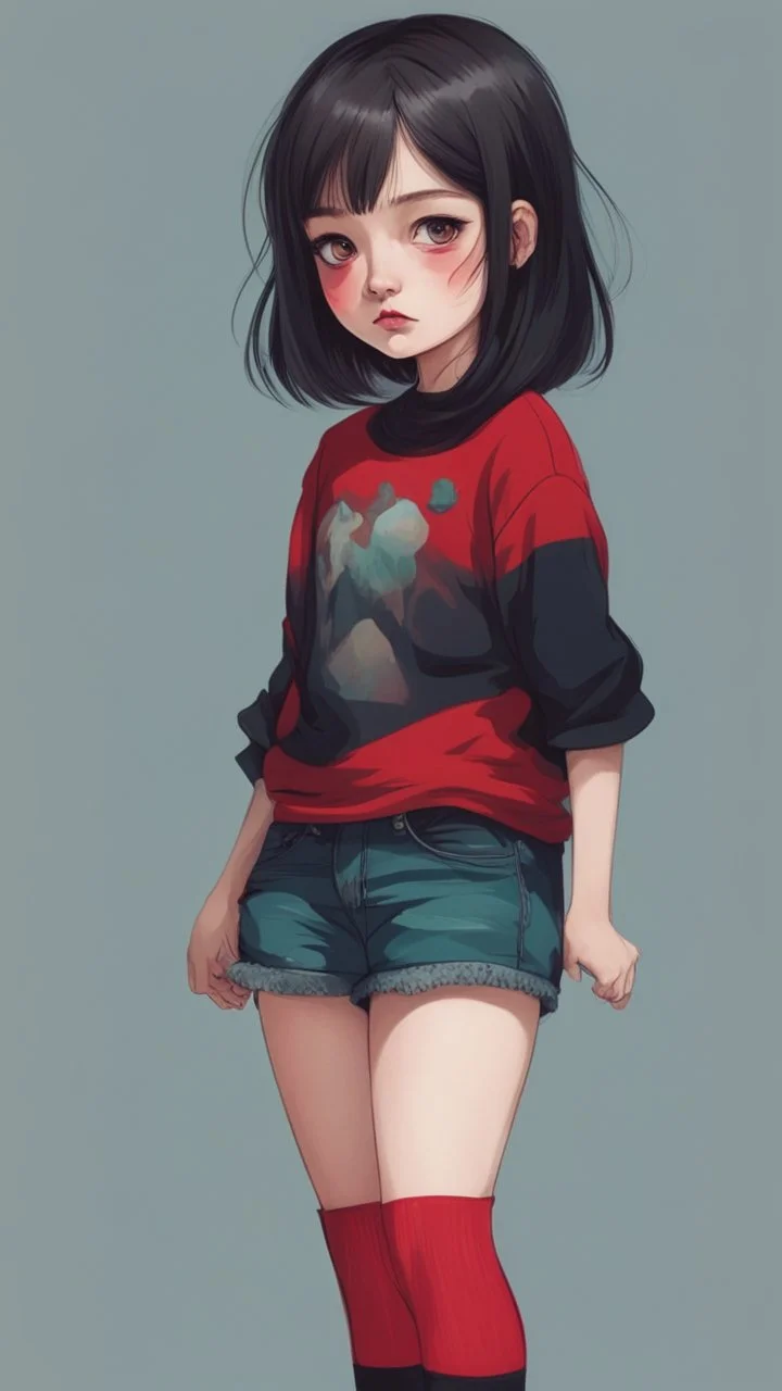 generate a full-length girl with gray-green sad eyes, with dark hair above the shoulders, a round face, not very plump lips, in a black T-shirt with a red print, short shorts, blue socks